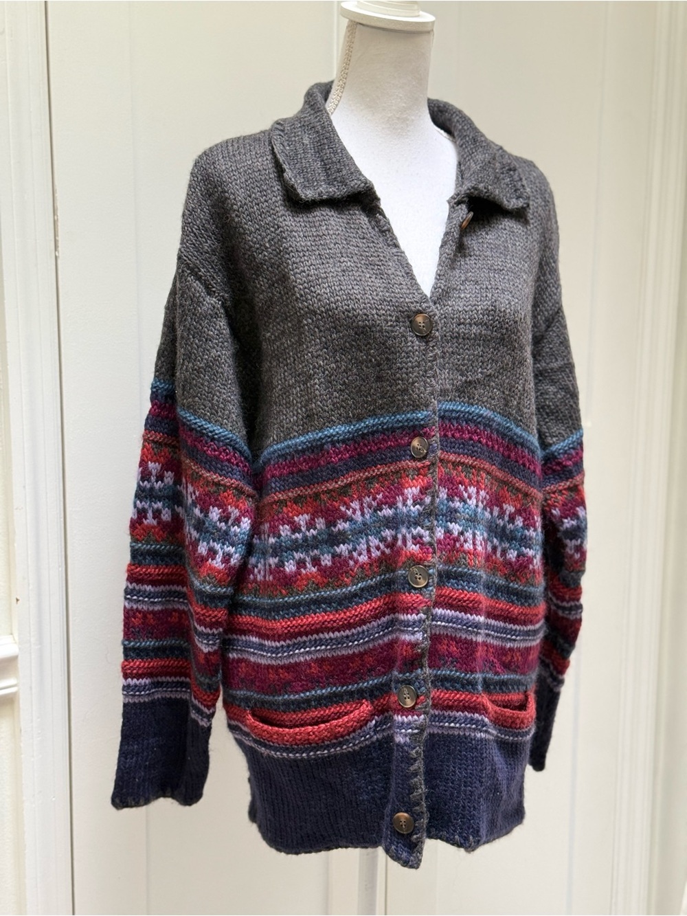 Vintage Valerie Stevens Sport Wool Fair Isle Cardigan Womens XL Gray Nordic